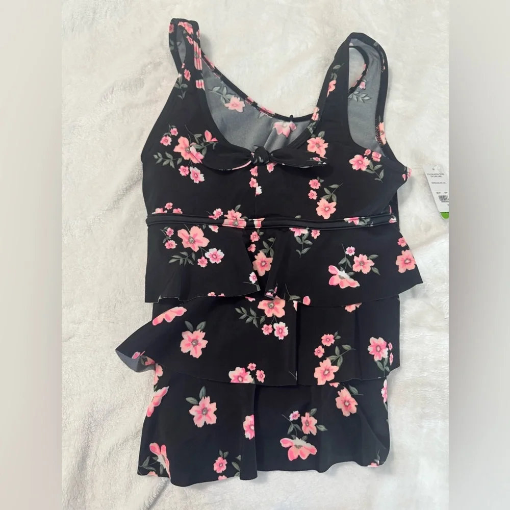 JUSTICE Girls Swimsuit Tankini Black Floral Bikini Size 12